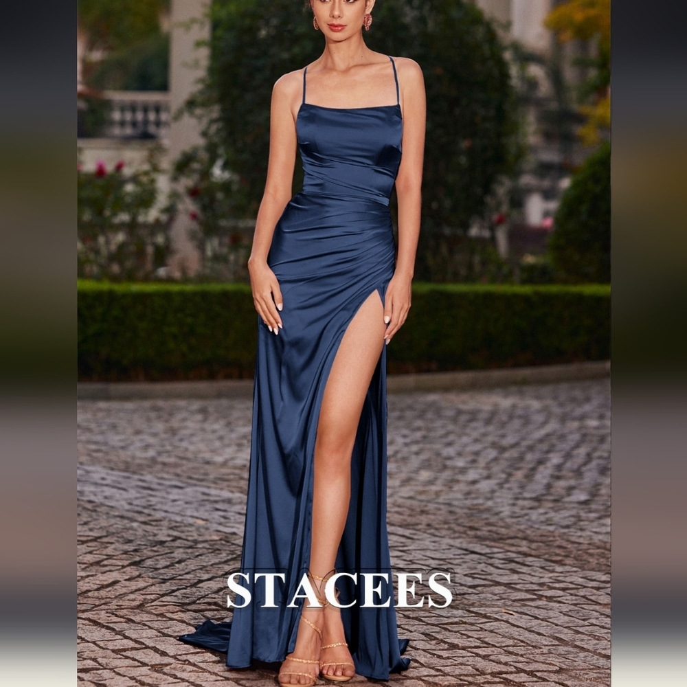 NWT Stacees navy Blue Mermaid Open Slit Square Neckline Sweep Train Satin Prom